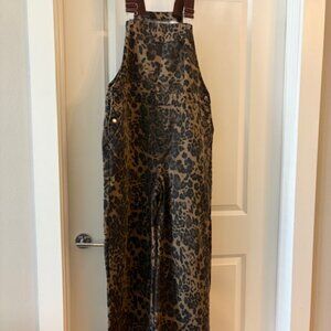 Denim Leopard Pocket Buckle Up Wide Leg Oversized Jumpsuit